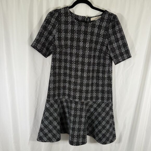 LOFT Dress Women's Small Black White Plaid Short Sleeve Round Neck Zip Back - Picture 1 of 10